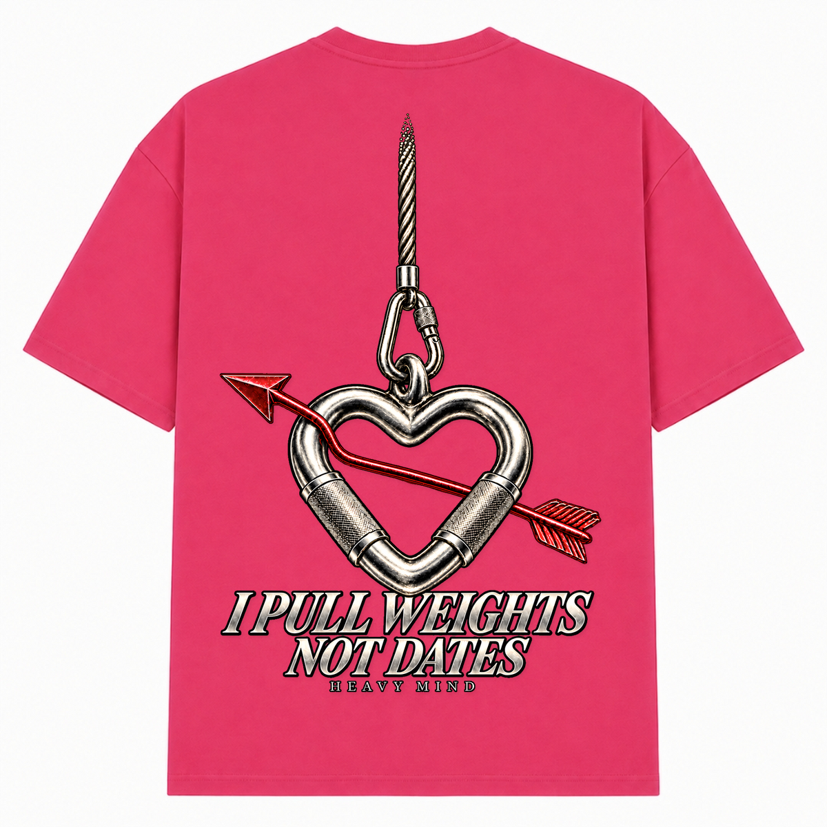 I Pull Weights Not Dates – Oversized Tee in Hibiskus Pink, Rückansicht | Heavy Mind