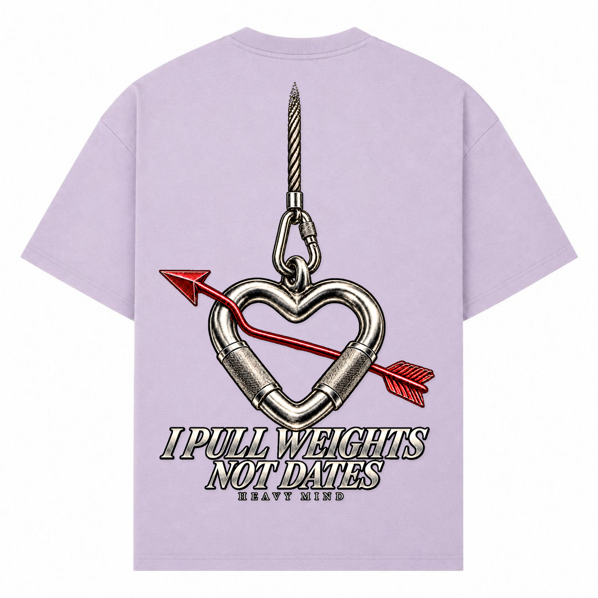 I Pull Weights Not Dates – Oversized Tee in Lilac, Rückansicht | Heavy Mind