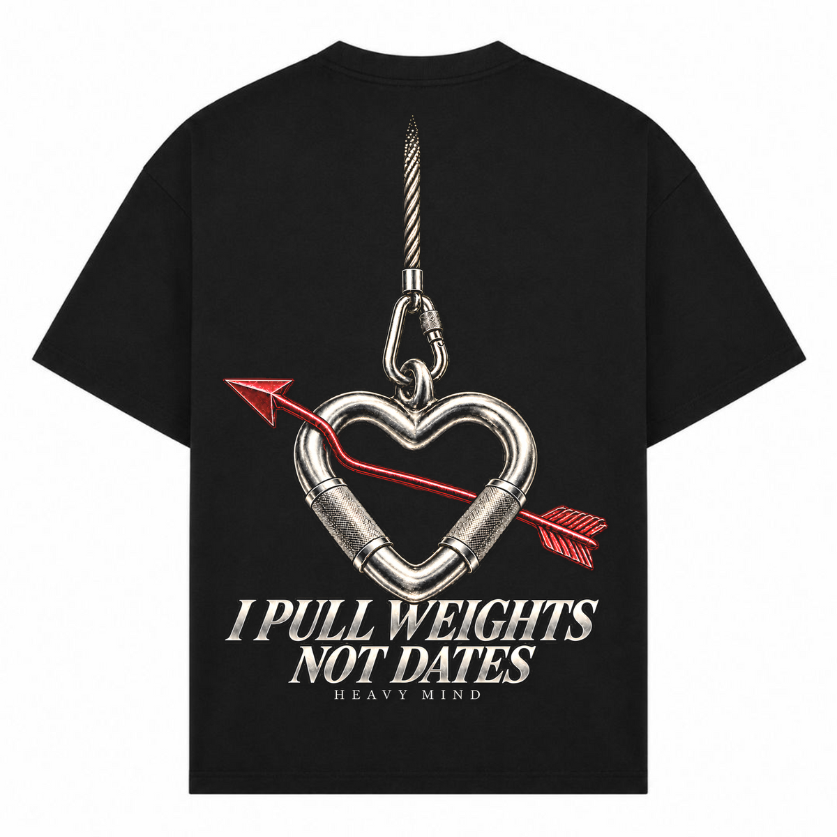 I Pull Weights Not Dates – Oversized Tee in Schwarz, Rückansicht | Heavy Mind