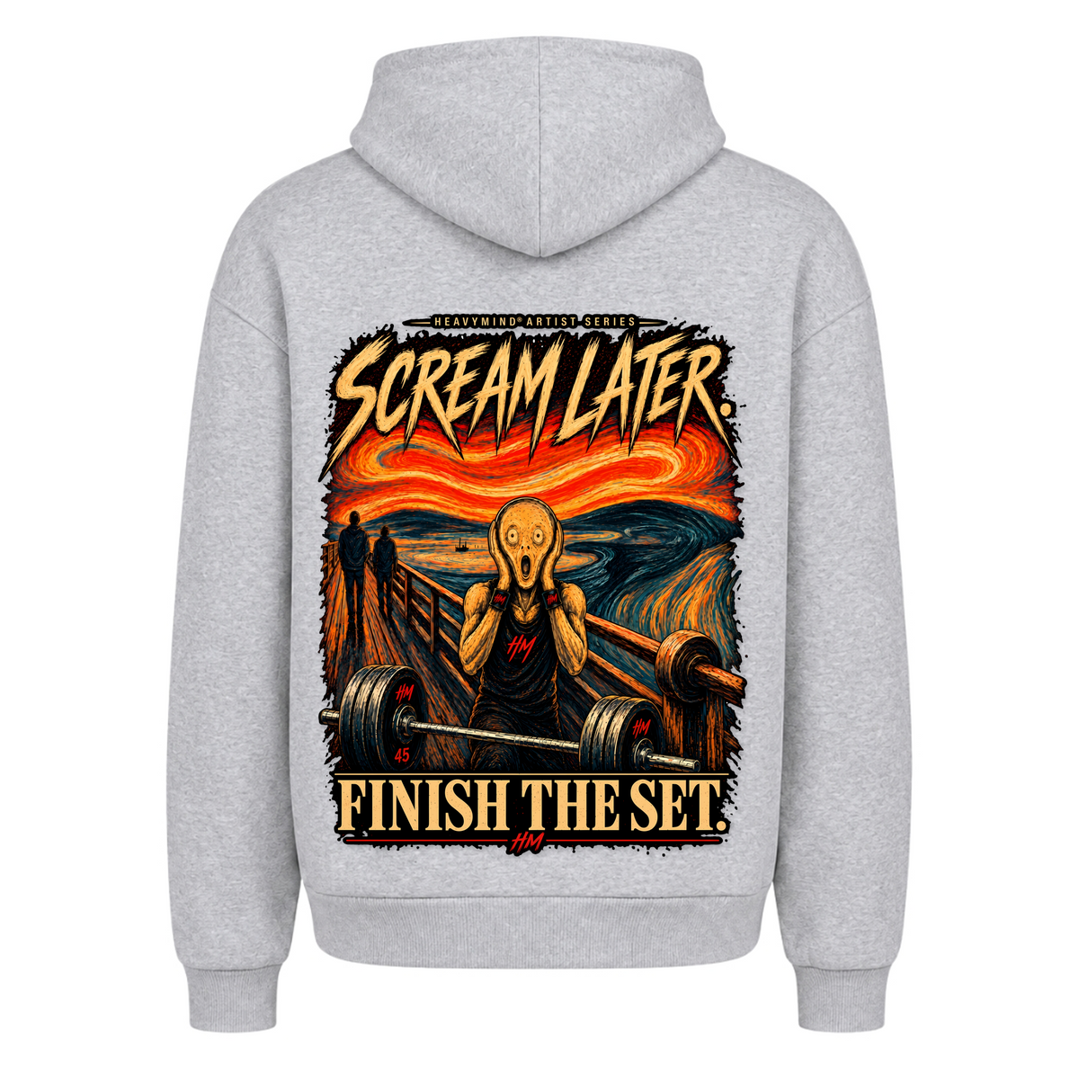 Scream Later, Finish the Set – Heavy Oversized Hoodie in Heather Grey, Rückansicht | Heavy Mind
