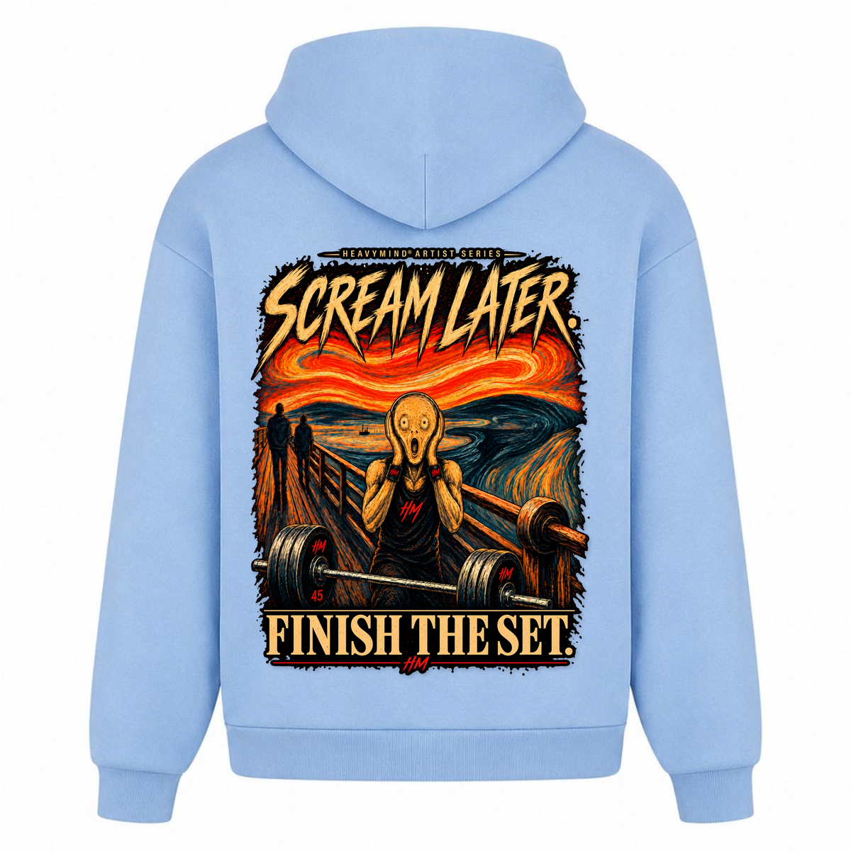 Scream Later, Finish the Set – Heavy Oversized Hoodie in Powder Blue, Rückansicht | Heavy Mind