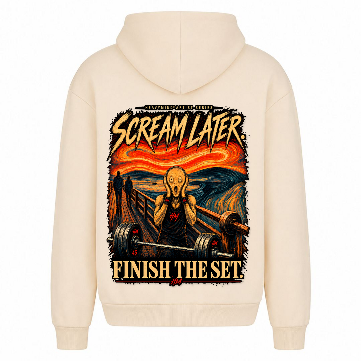 Scream Later, Finish the Set – Heavy Oversized Hoodie in White Sand, Rückansicht | Heavy Mind