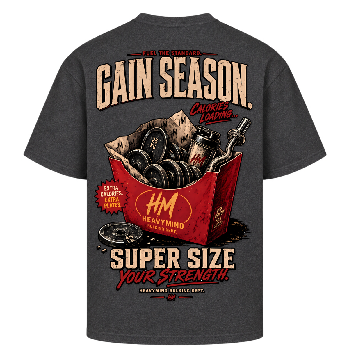 Gain Season – Super Size Your Strength – Oversized Tee in Charcoal (Heather), Rückansicht | Heavy Mind