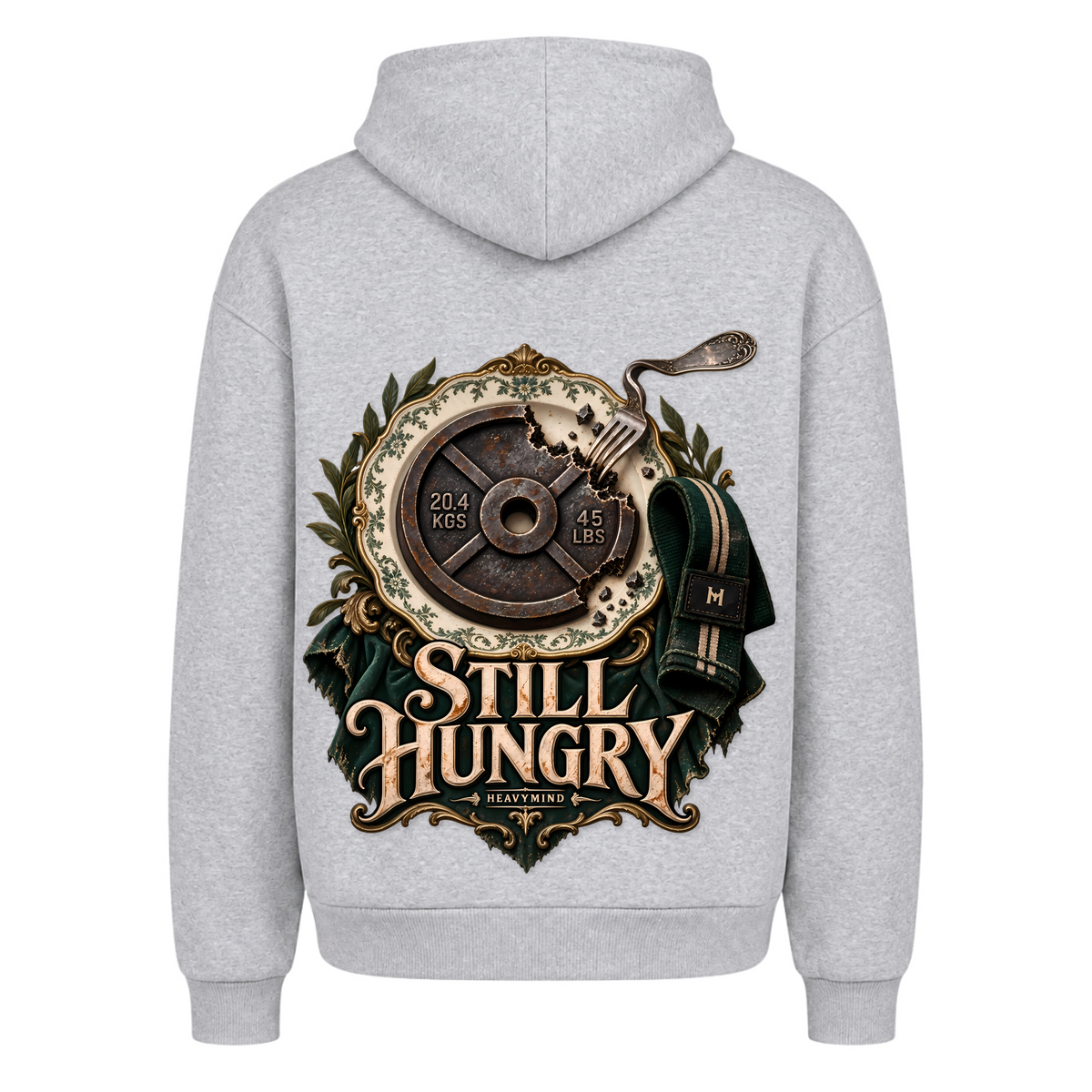 Still Hungry – Heavy Oversized Hoodie in Heather Grey, Rückansicht | Heavy Mind