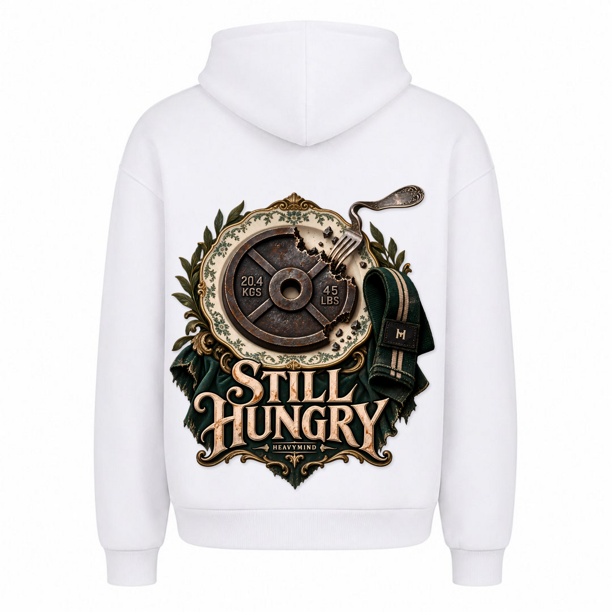 Still Hungry – Heavy Oversized Hoodie in Weiß, Rückansicht | Heavy Mind