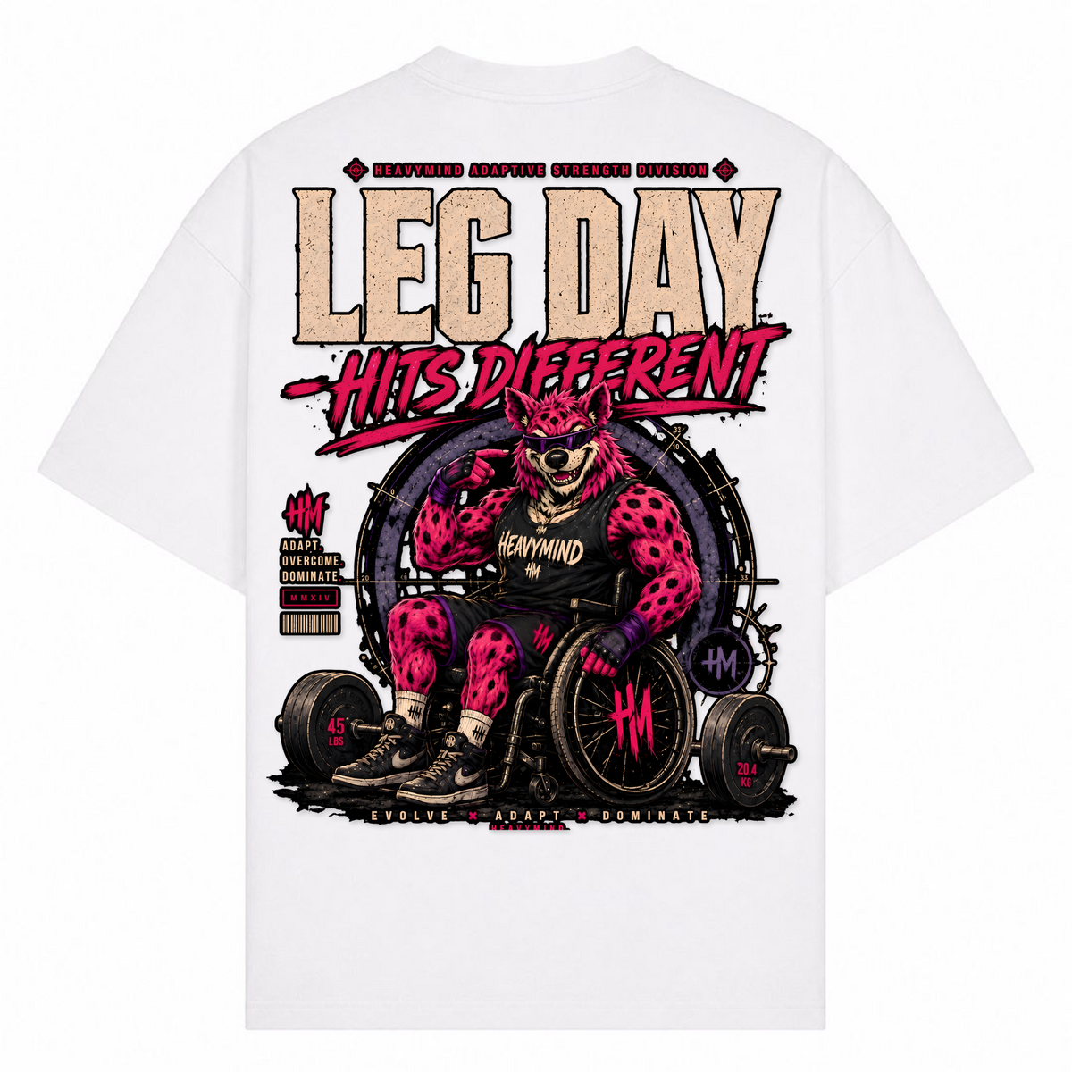 Leg Day Hits Different – Oversized Tee in Weiß, Rückansicht | Heavy Mind