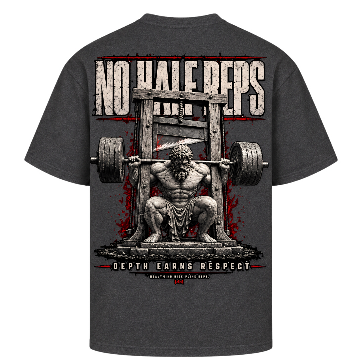 No Half Reps – Depth Earns Respect – Oversized Tee in Charcoal (Heather), Rückansicht | Heavy Mind