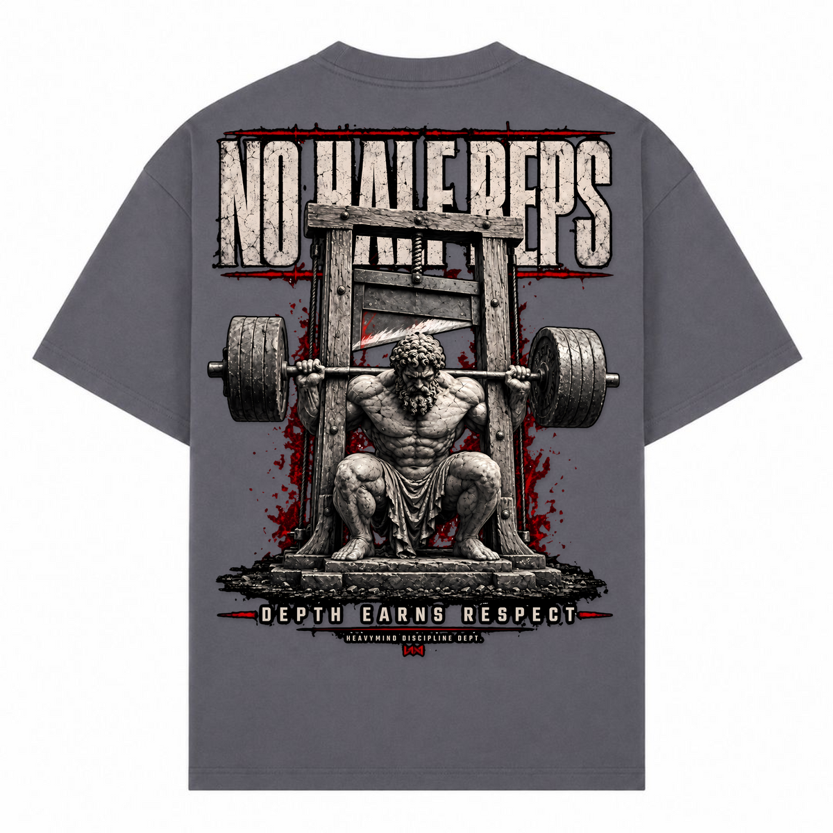 No Half Reps – Depth Earns Respect – Oversized Tee in Dark Grey, Rückansicht | Heavy Mind