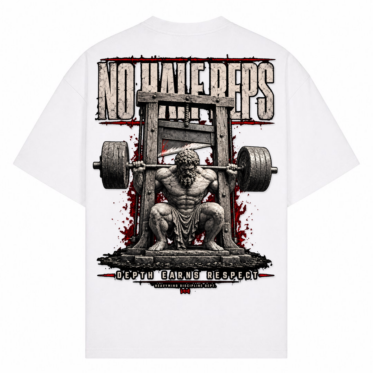 No Half Reps – Depth Earns Respect – Oversized Tee in Weiß, Rückansicht | Heavy Mind