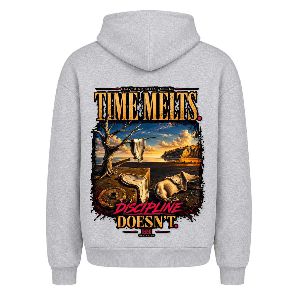 Time Melts, Discipline Doesn't – Heavy Oversized Hoodie in Heather Grey, Rückansicht | Heavy Mind