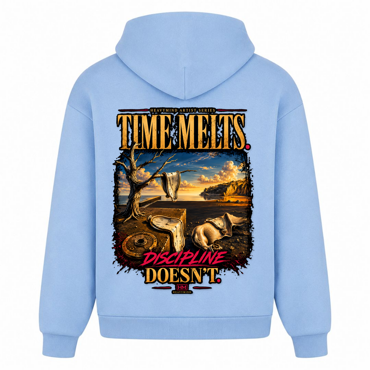 Time Melts, Discipline Doesn't – Heavy Oversized Hoodie in Powder Blue, Rückansicht | Heavy Mind