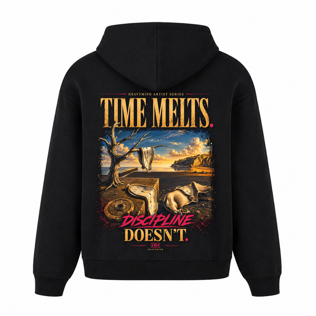 Time Melts, Discipline Doesn't – Heavy Oversized Hoodie in Schwarz, Rückansicht | Heavy Mind