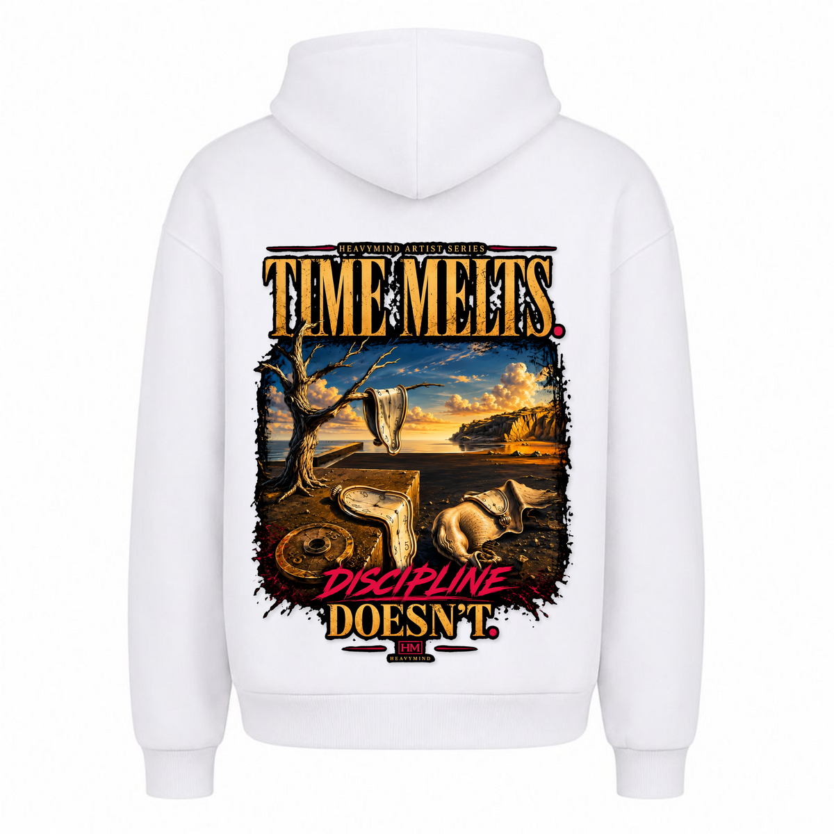 Time Melts, Discipline Doesn't – Heavy Oversized Hoodie in Weiß, Rückansicht | Heavy Mind