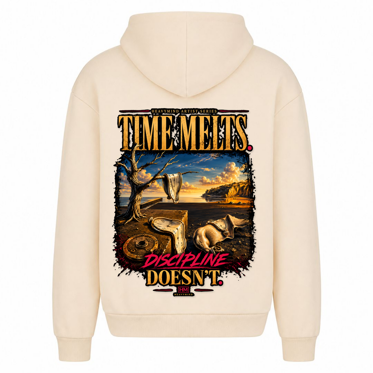 Time Melts, Discipline Doesn't – Heavy Oversized Hoodie in White Sand, Rückansicht | Heavy Mind