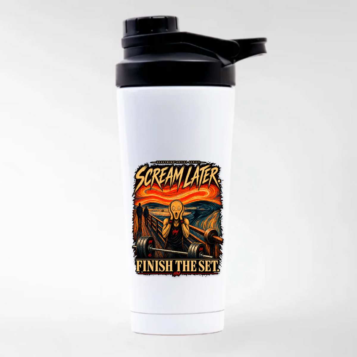 Scream Later, Finish the Set – Edelstahl-Shaker in Weiß | Heavy Mind