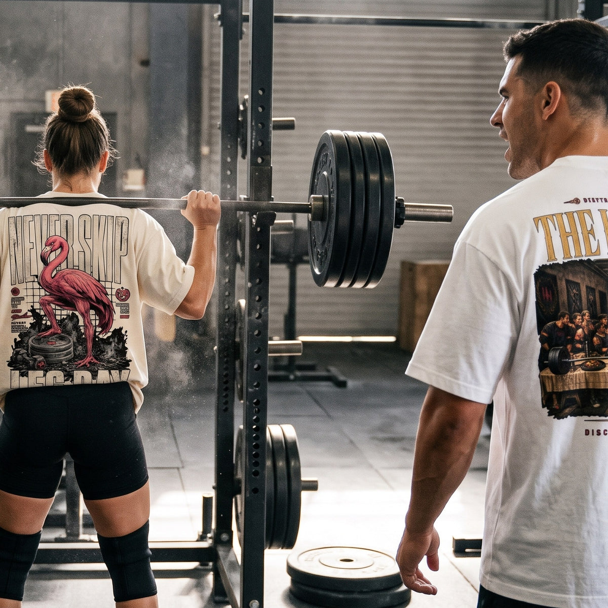 Heavy Mind – zwei Freunde beim Kniebeugen-Training, Never Skip Leg Day und The Last Rep