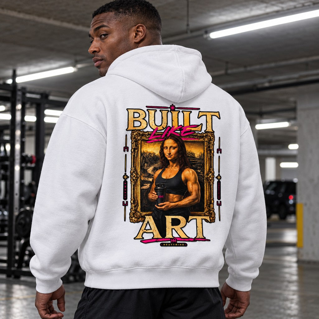 Built Like Art – Heavy Oversized Hoodie in Weiß, am Model, Rückansicht | Heavy Mind