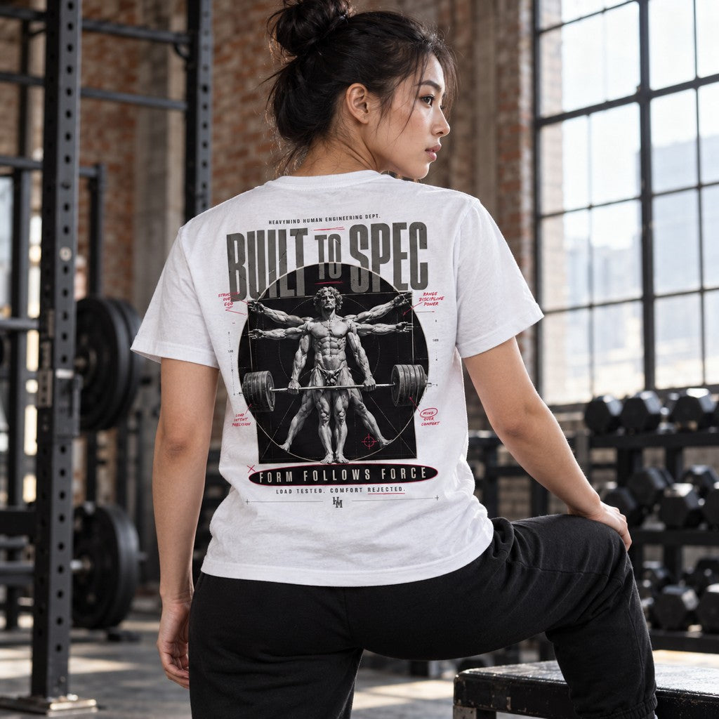 Built to Spec – Form Follows Force – Heavy Shirt in Weiß, am Model, Rückansicht | Heavy Mind