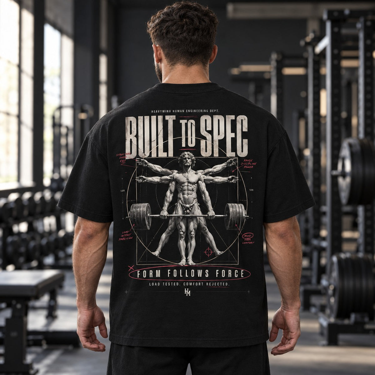 Built to Spec – Form Follows Force – Oversized Tee in Schwarz, am Model, Rückansicht | Heavy Mind