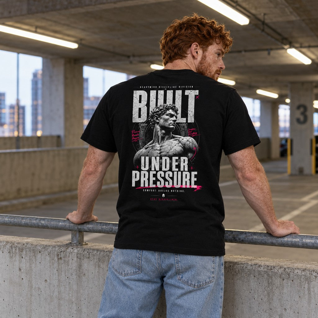 Built Under Pressure (David) – Heavy Shirt in Schwarz, am Model, Rückansicht | Heavy Mind