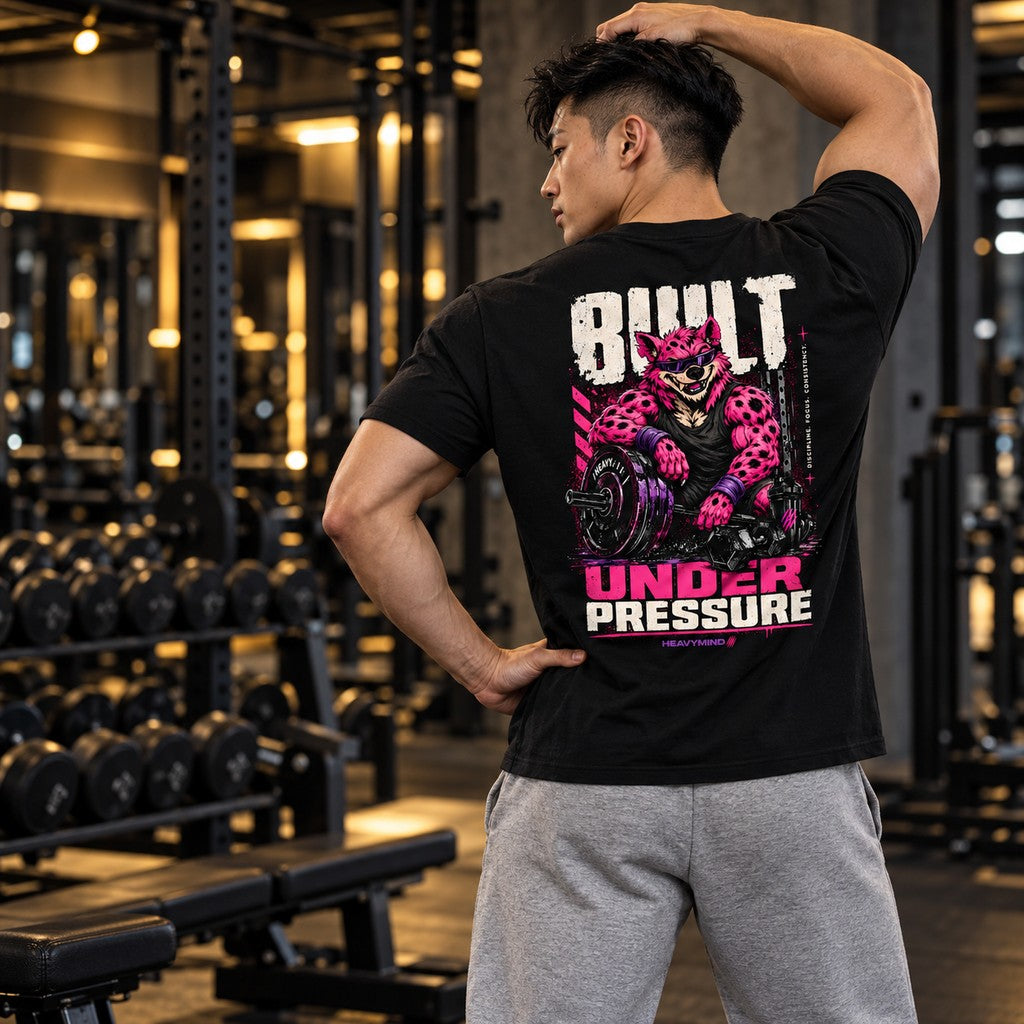 Built Under Pressure (Hyena) – Heavy Shirt in Schwarz, am Model, Rückansicht | Heavy Mind