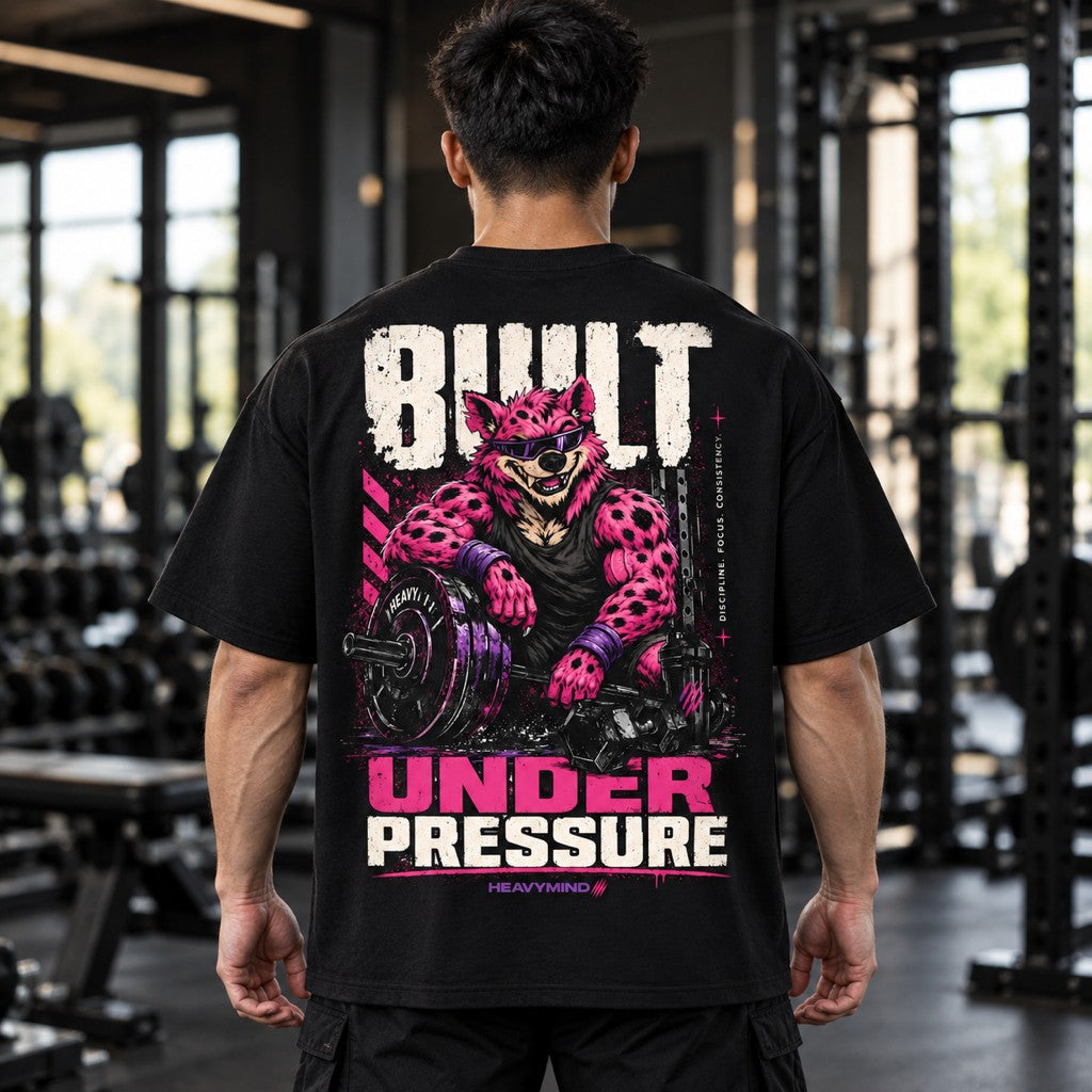 Built Under Pressure (Hyena) – Oversized Tee in Schwarz, am Model, Rückansicht | Heavy Mind