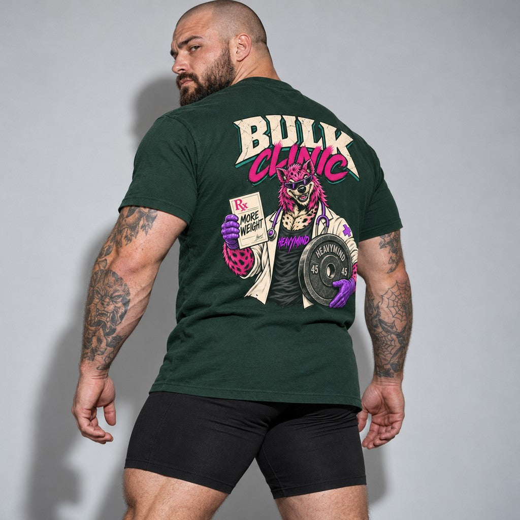 Bulk Clinic – Heavy Shirt in Bottle Green, am Model, Rückansicht | Heavy Mind