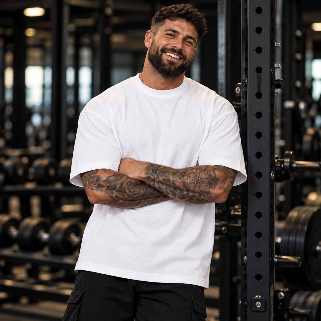 Bulking Season – Oversized Tee in Weiß, am Model, Vorderansicht | Heavy Mind