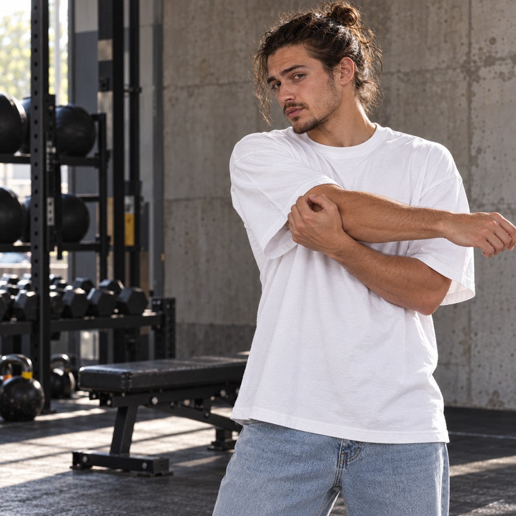Bulking Season – Oversized Tee in Weiß, am Model, Vorderansicht | Heavy Mind