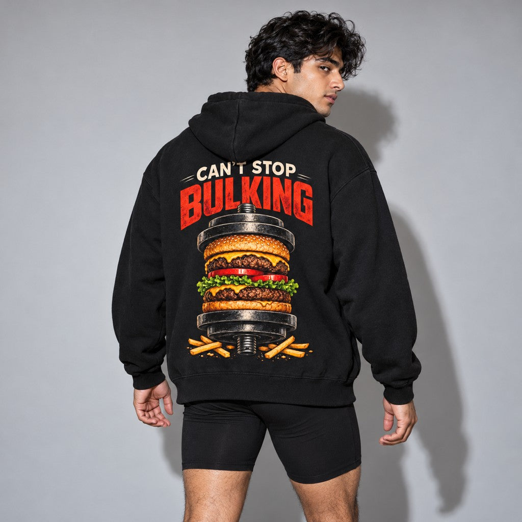Can't Stop Bulking – Heavy Oversized Hoodie in Schwarz, am Model, Rückansicht | Heavy Mind