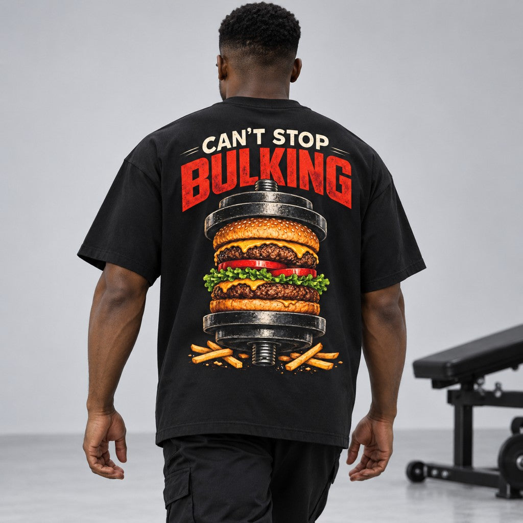 Can't Stop Bulking – Oversized Tee in Schwarz, am Model, Rückansicht | Heavy Mind