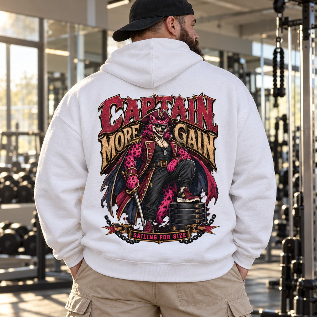 Captain More Gain – Heavy Oversized Hoodie in Weiß, am Model, Rückansicht | Heavy Mind