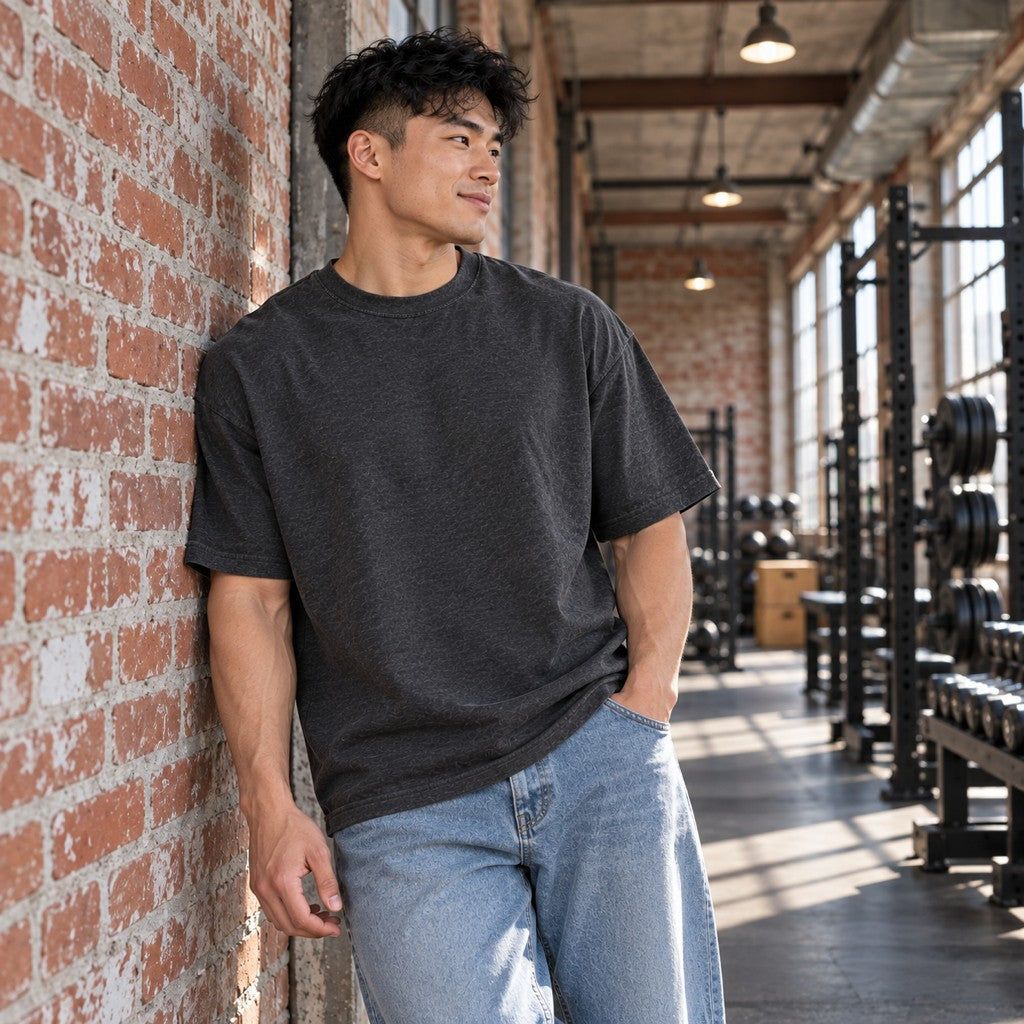 Captain More Gain – Oversized Tee in Charcoal (Heather), am Model, Vorderansicht | Heavy Mind