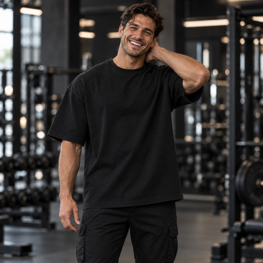 Carry What Breaks Others (Angel) – Oversized Tee in Schwarz, am Model, Vorderansicht | Heavy Mind