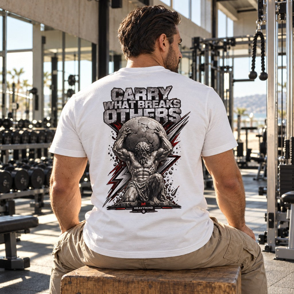 Carry What Breaks Others (Atlas) – Heavy Shirt in Weiß, am Model, Rückansicht | Heavy Mind