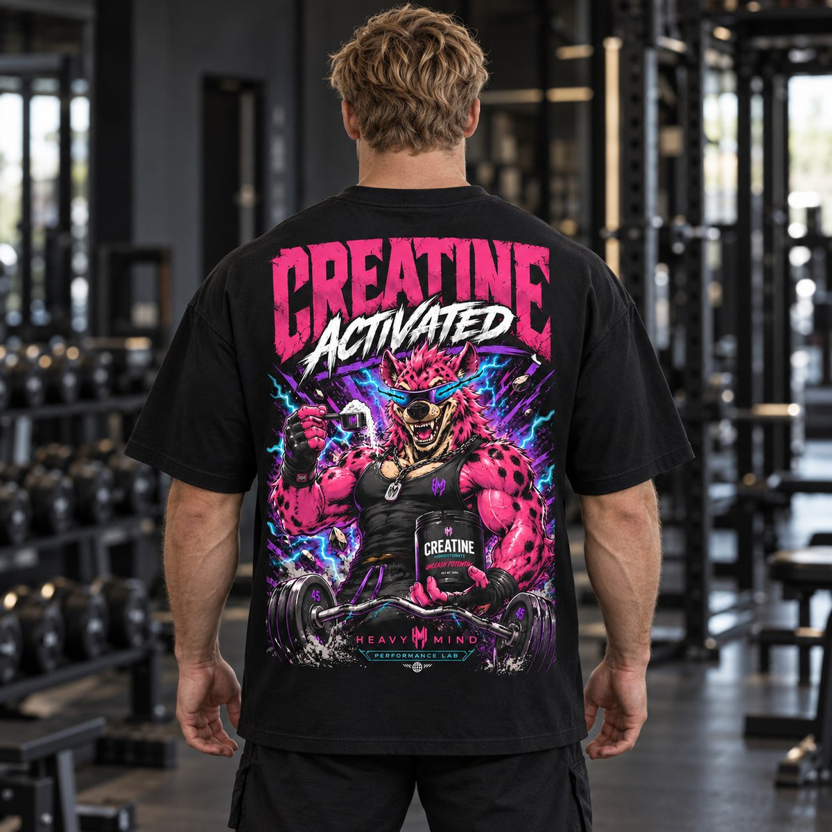 Creatine Activated – Oversized Tee in Schwarz, am Model, Rückansicht | Heavy Mind