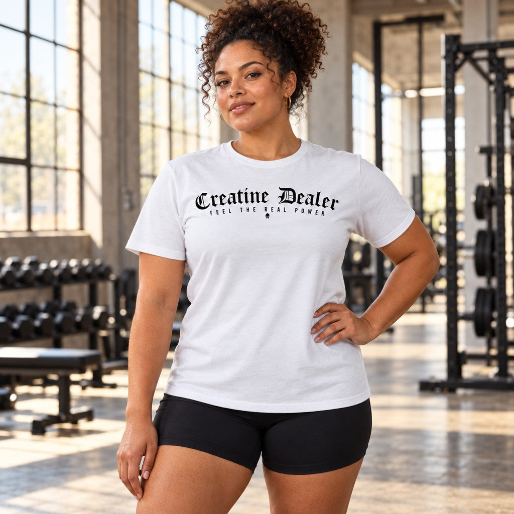 Creatine Dealer – Heavy Shirt in Weiß, am Model, Vorderansicht | Heavy Mind