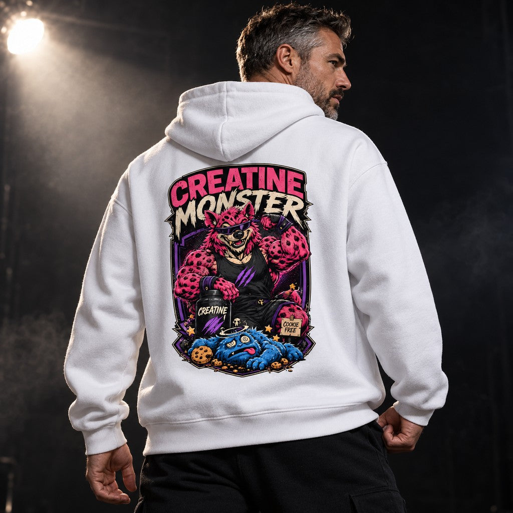 Creatine Monster – Heavy Oversized Hoodie in Weiß, am Model, Rückansicht | Heavy Mind