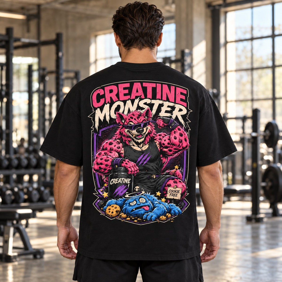Creatine Monster – Oversized Tee in Schwarz, am Model, Rückansicht | Heavy Mind