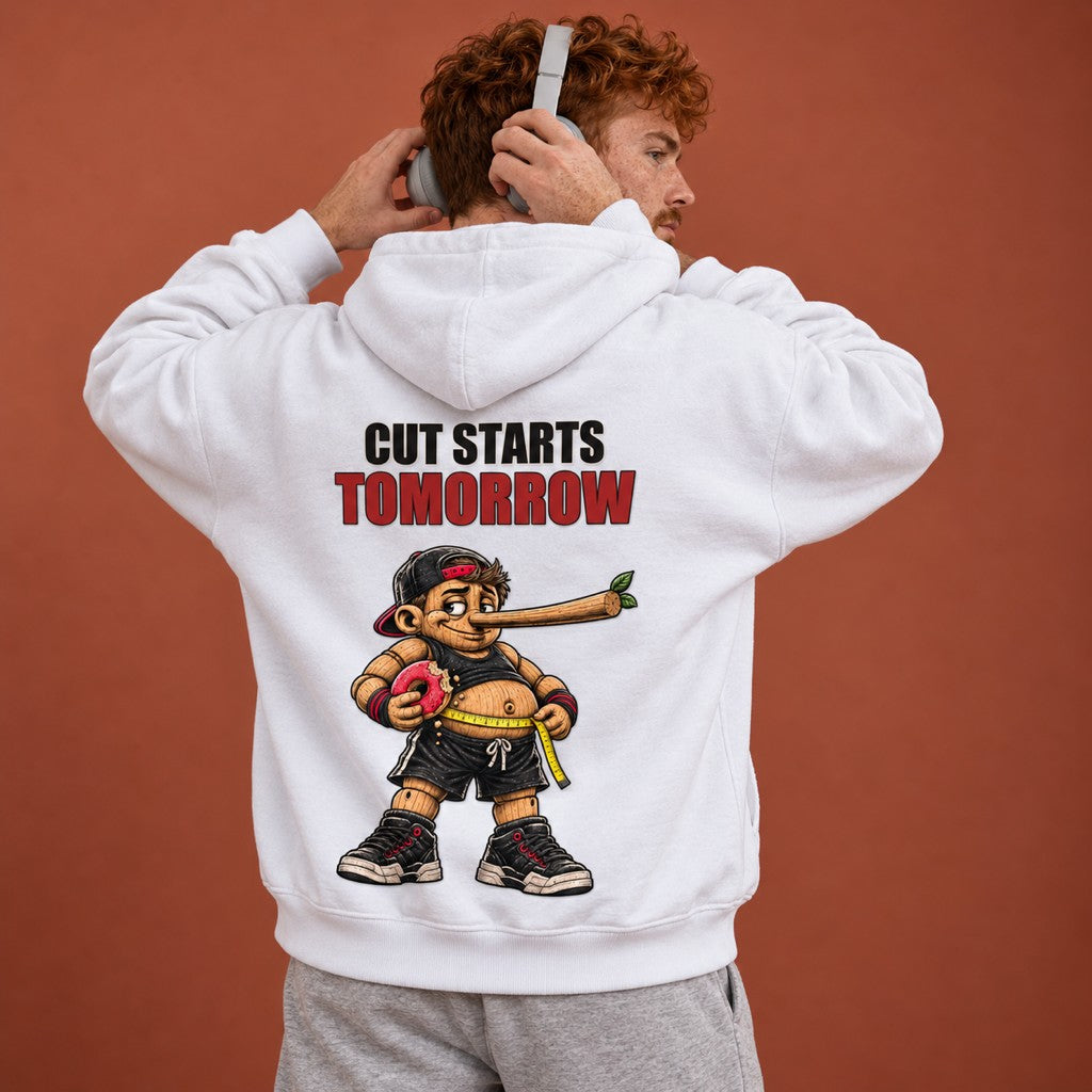Cut Starts Tomorrow – Heavy Oversized Hoodie in Weiß, am Model, Rückansicht | Heavy Mind