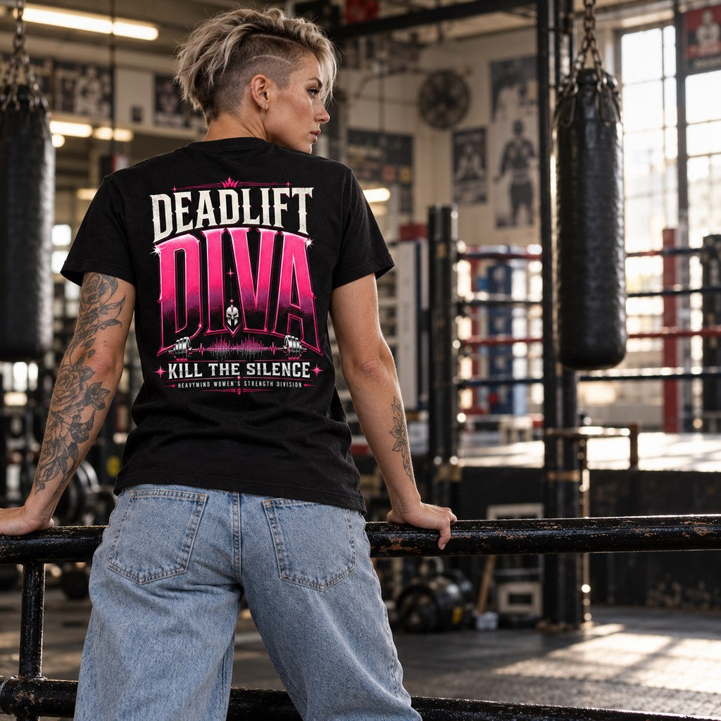 Deadlift Diva – Heavy Shirt in Schwarz, am Model, Rückansicht | Heavy Mind