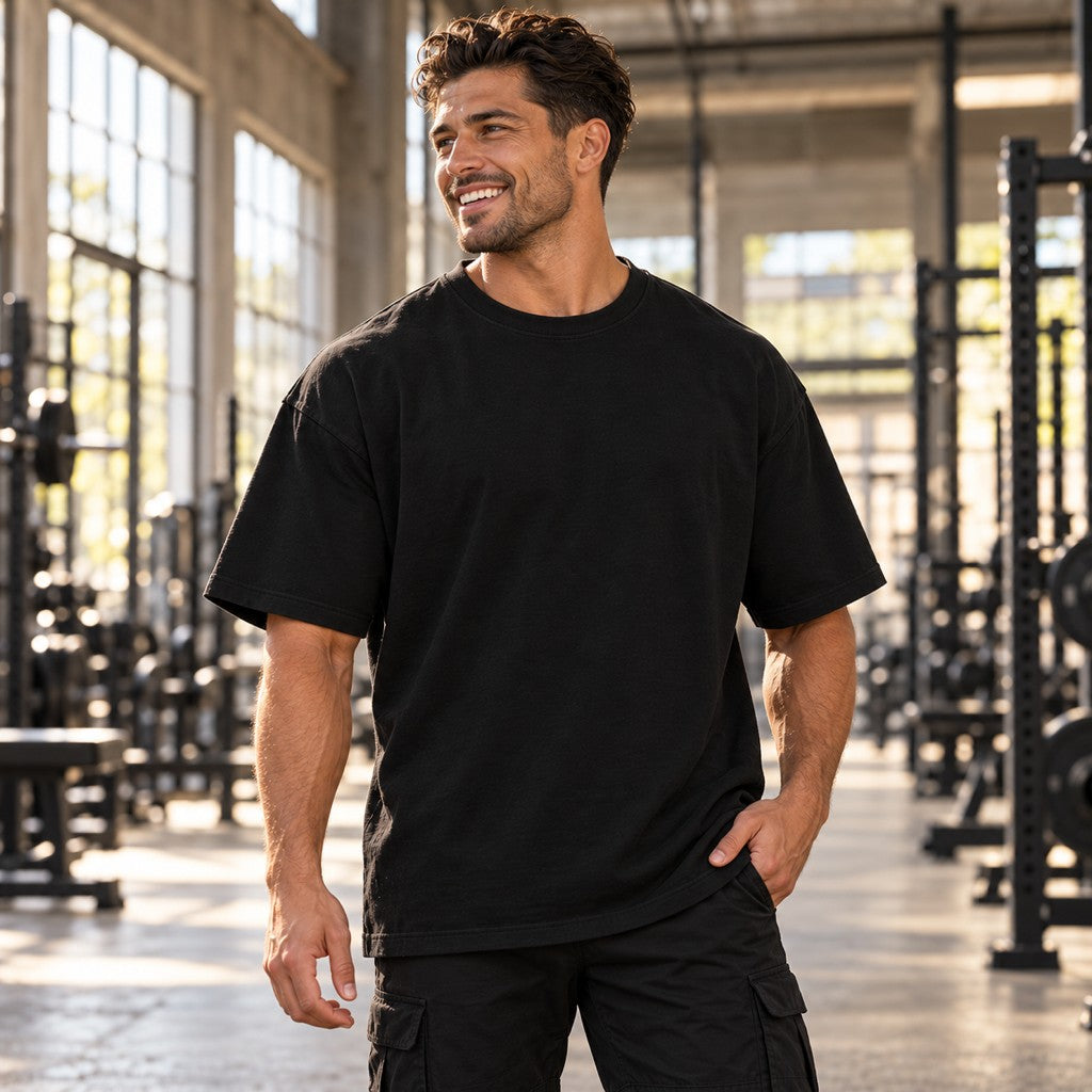 Deadlift Gangsta – Oversized Tee in Schwarz, am Model, Vorderansicht | Heavy Mind
