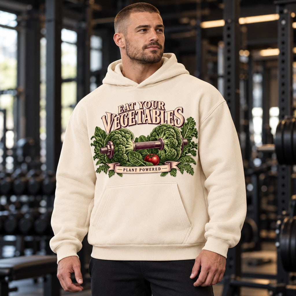 Eat Your Vegetables – Heavy Oversized Hoodie in White Sand, am Model, Vorderansicht | Heavy Mind