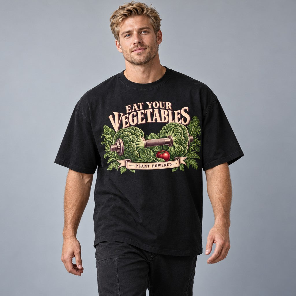 Eat Your Vegetables – Oversized Tee in Schwarz, am Model, Vorderansicht | Heavy Mind