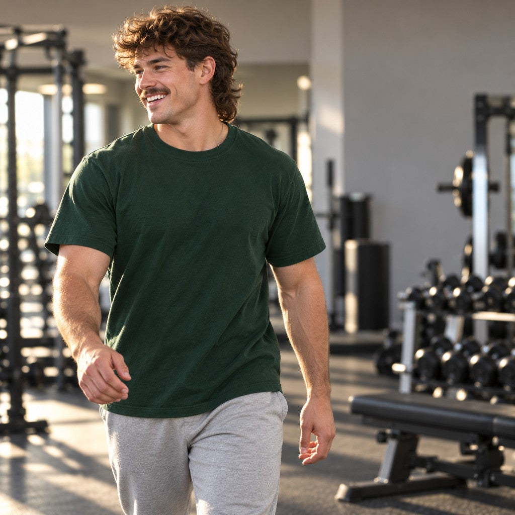 Fifty Shakes of Whey – Heavy Shirt in Bottle Green, am Model, Vorderansicht | Heavy Mind