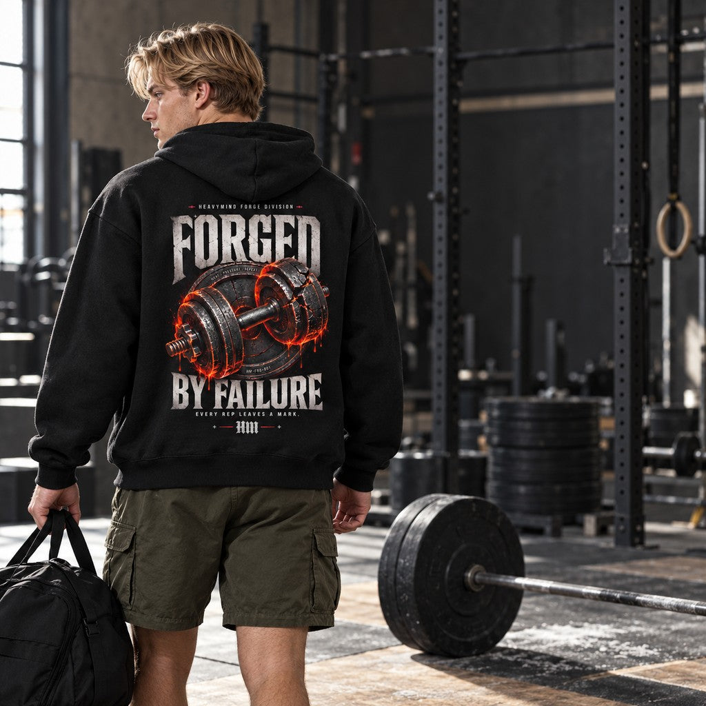 Forged by Failure – Heavy Oversized Hoodie in Schwarz, am Model, Rückansicht | Heavy Mind