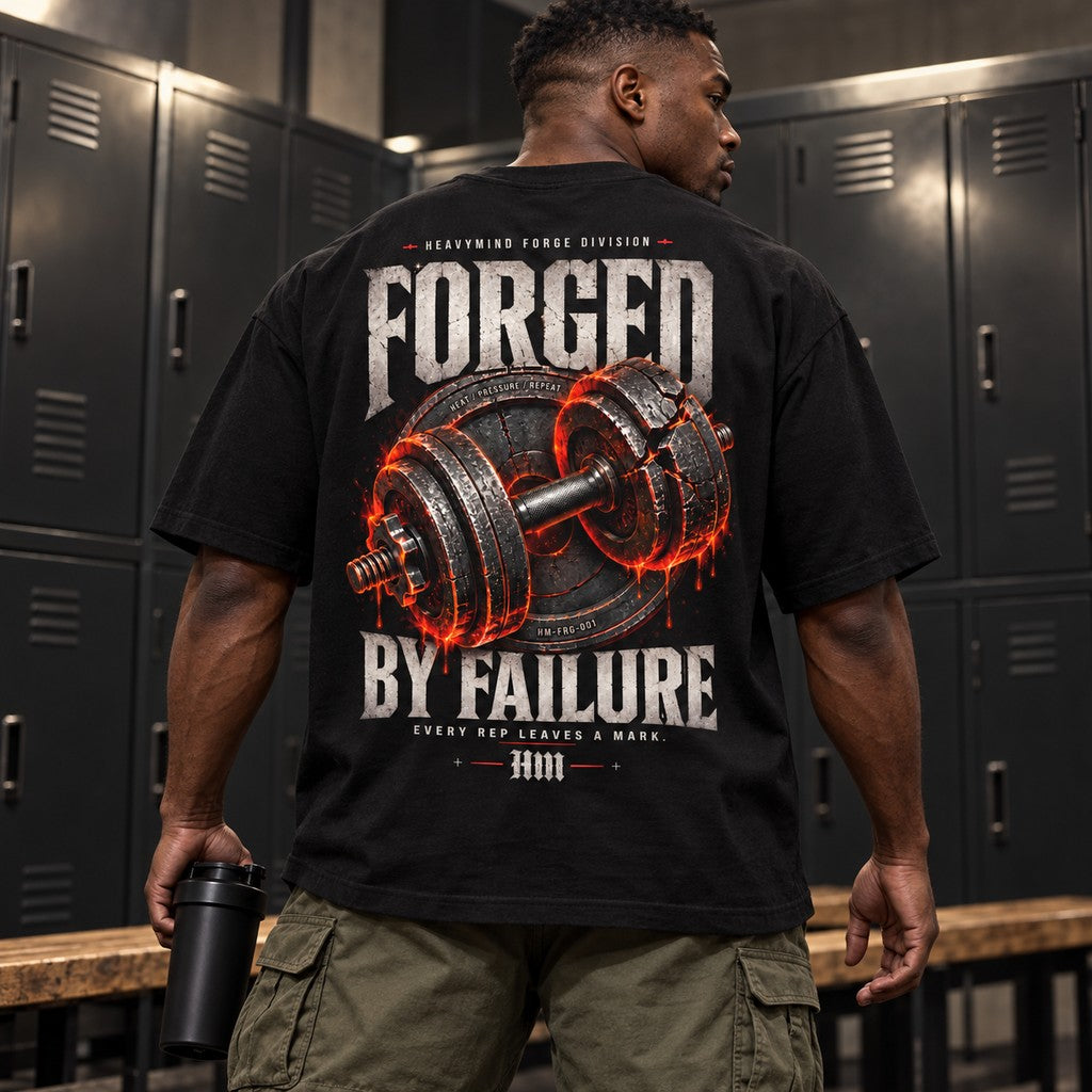 Forged by Failure – Oversized Tee in Schwarz, am Model, Rückansicht | Heavy Mind