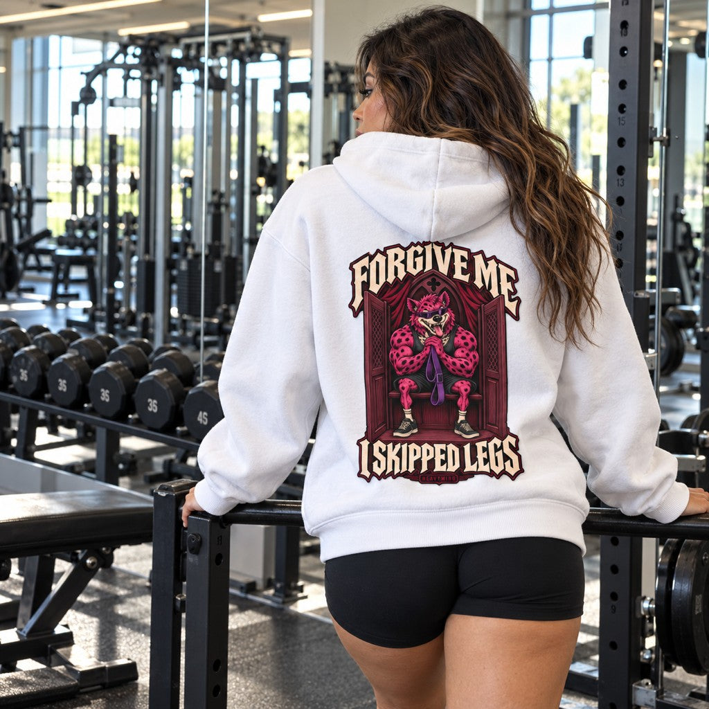 Forgive Me, I Skipped Legs – Heavy Oversized Hoodie in Weiß, am Model, Rückansicht | Heavy Mind