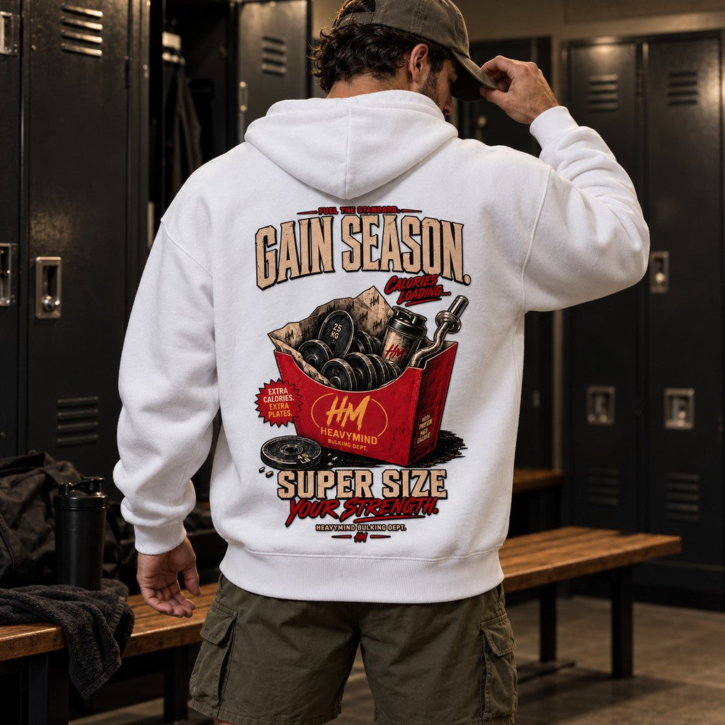 Gain Season – Super Size Your Strength – Heavy Oversized Hoodie in Weiß, am Model, Rückansicht | Heavy Mind
