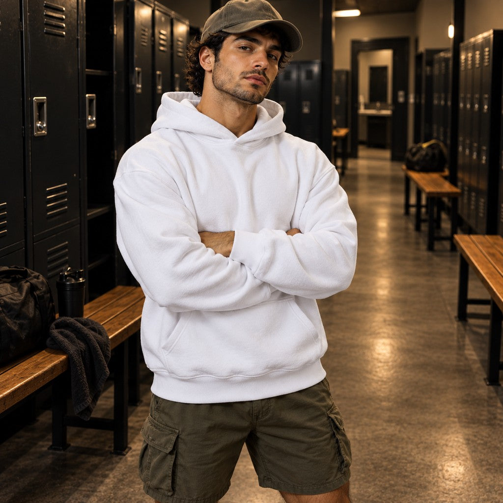 Gain Season – Super Size Your Strength – Heavy Oversized Hoodie in Weiß, am Model, Vorderansicht | Heavy Mind